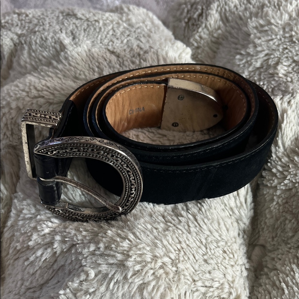 Brighton Black Leather Belt with Ornate Silver Buckle Medium